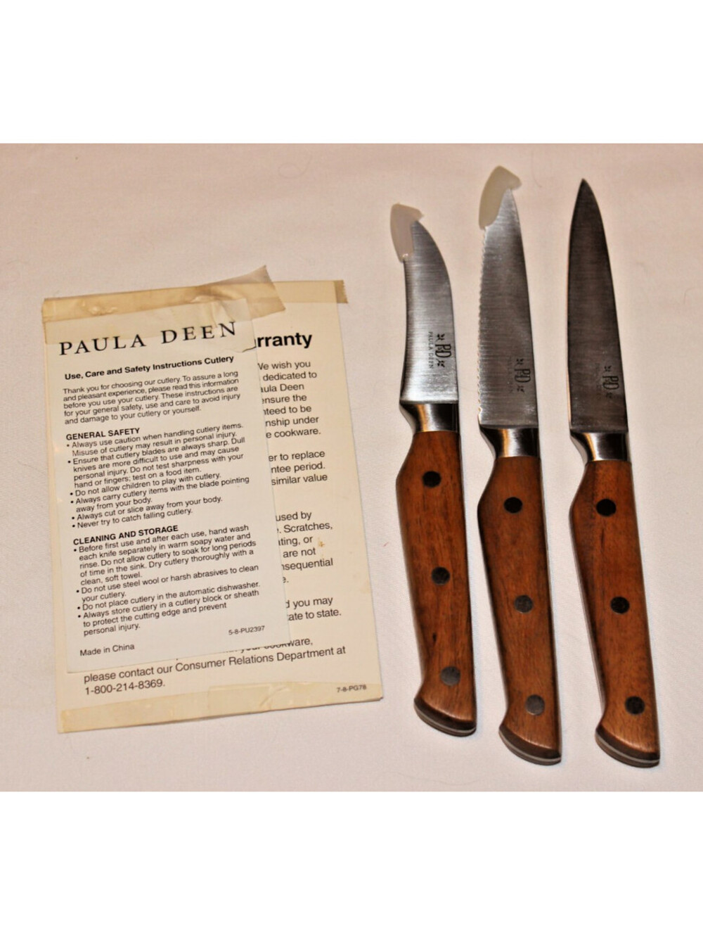 Paula Deen 3 Piece Knife Set 4" Wood Handles Serrated Utility NEW